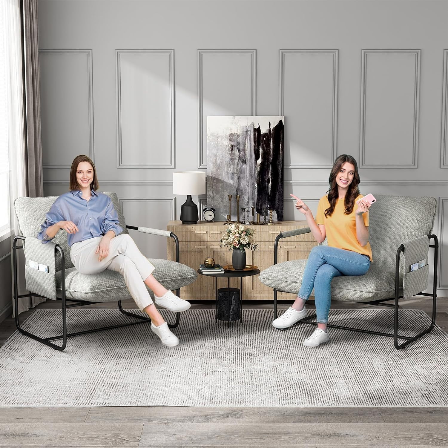 sling accent chair set of 2, metal framed armchair with removable storage bag, upholstered living room chairs, beige lounge chair