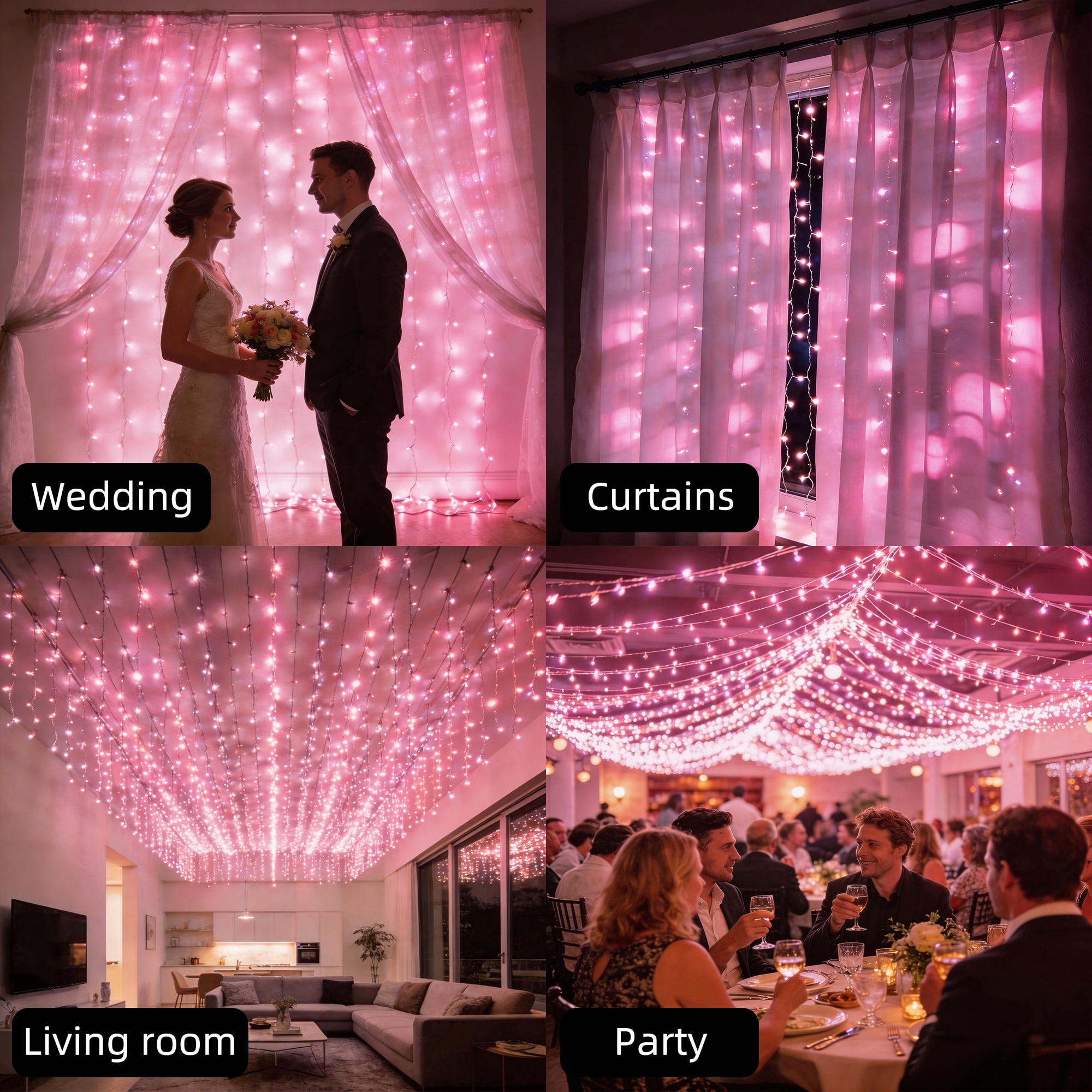 Beatineon 400 LED Curtain Lights, 9.8x6.5Ft, Plug in Window Curtain Lights, Hanging Christmas String Lights for Bedroom Garden Wedding Party Outdoor Indoor Wall Decorations,Pink