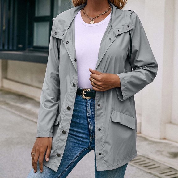 Usmixi Winter Womens Raincoats Womens Rain Jackets Outdoor Front Open Button Down Drawstring Hooded Trench Coats Casual Solid Long Sleeve Windbreaker Outerwear with Pocket