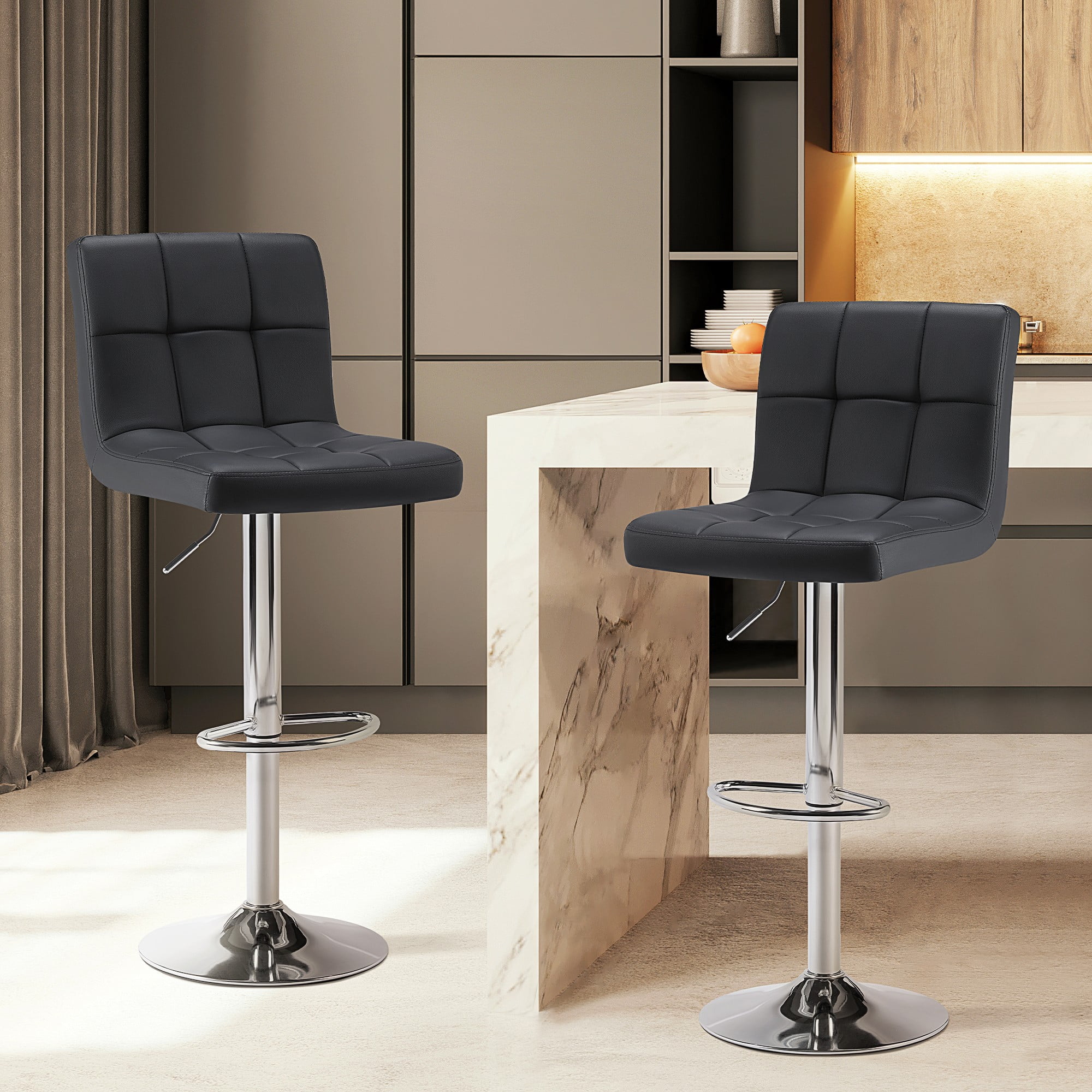 CONCETTA Bar Stools - Set of 2 Adjustable Swivel PU Leather Counter Seats, Black