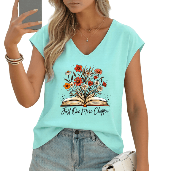 UNISHE Women's Botanical Book Art V-Neck Tank Top–Floral Sleeveless Shirt with "Just One More Chapter" Quote