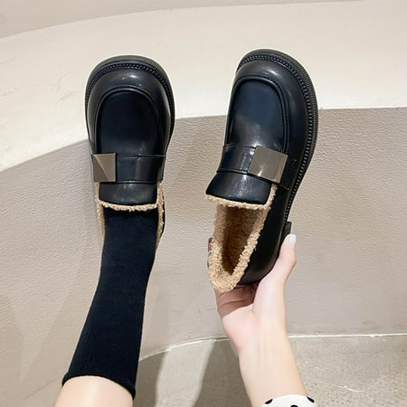 

Aueoeo Womens Ankle Boots Snow Boots For Women Fall Winter New Style Metal Buckle Plus Cotton Small Leather Shoes Square Heel Low Heeled Shoes