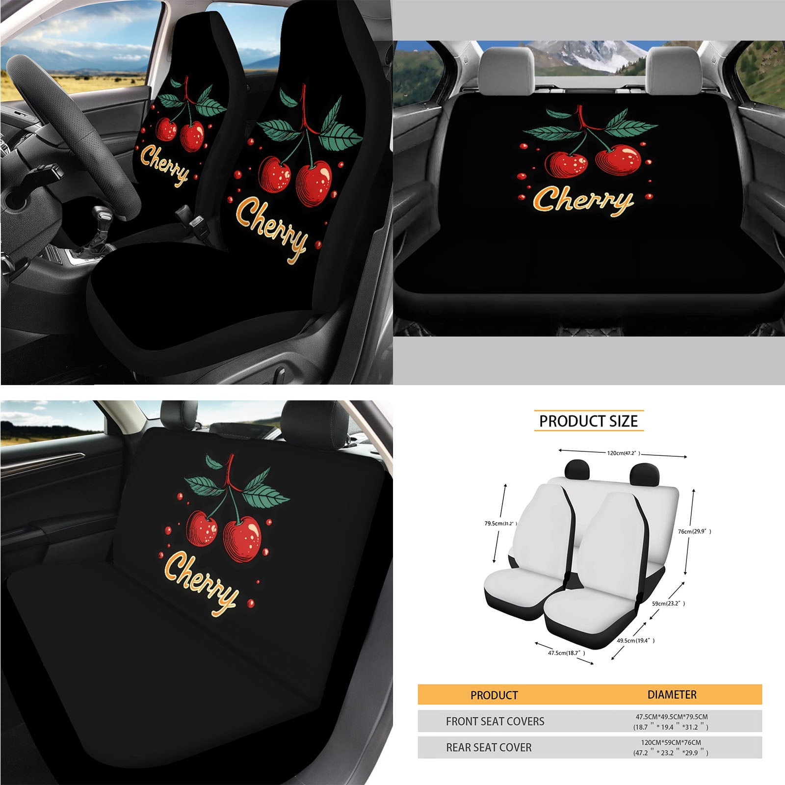 Yuyamidu 14pcs Cherry Car Seat Cover Protector with Steering Wheel Cover Seatbelt Pads Cute Auto Armrest Cover Trash Bin Rearview Mirror Cover Handbrake Cover Set Cup Holders for Women