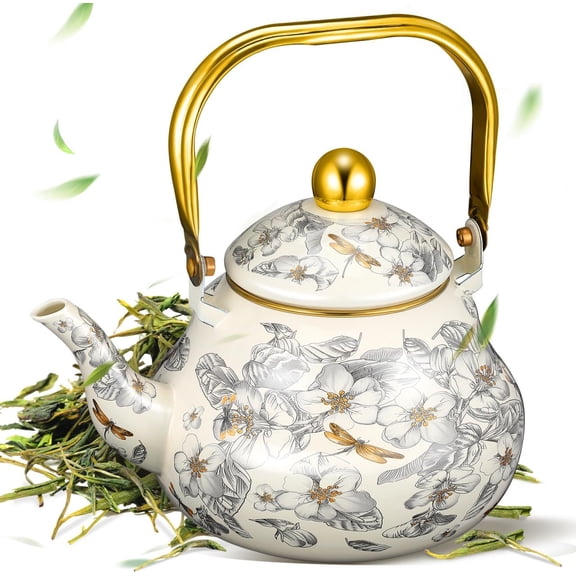 2.1 Quart Vintage Style Enameled Tea Kettle-Enamel Teapot floral with Cool Touch Porcelain Handle, for Stovetop, Home Kitchen Decor