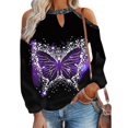 thumbnail image 2 of Top con cuello Halter y botones para mujer, Top con hombros descubiertos, Camiseta holgada informal con estampado de gato, primavera y otoño, 2 of 5