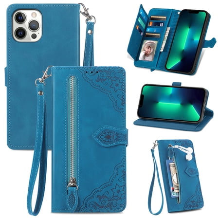 Feishell Case for iPhone 11 Pro Max, Embossed Card Slots Retro Leather Wallet Shockproof Flip Cover with Hand Strap Card Slots Zipper Pocket Kickstand Handbag Magnetic Closure, Blue