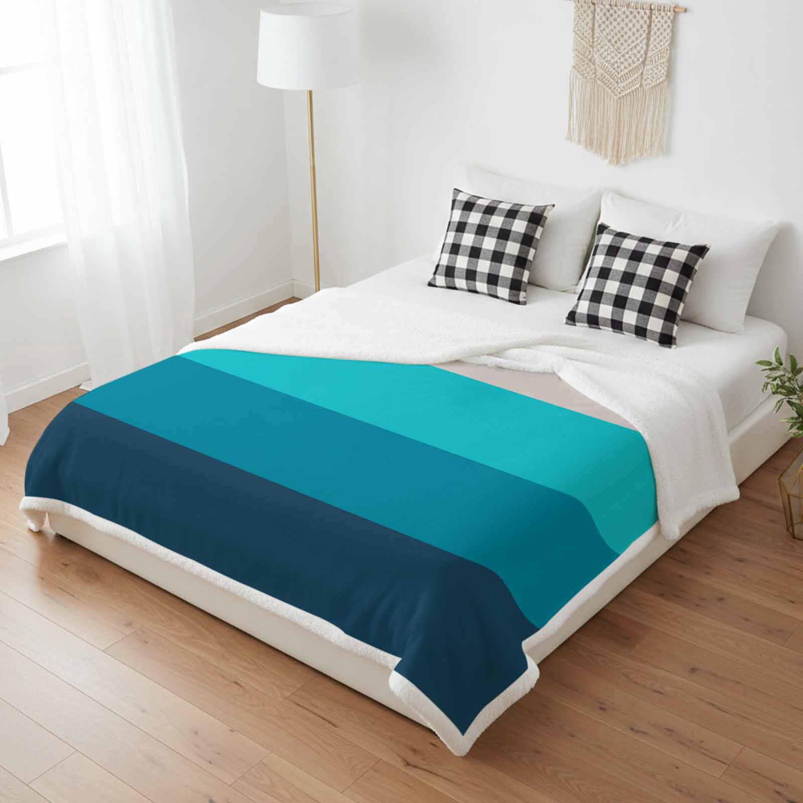 Sherpa Throw Blankets Ombre Teal Blue Stripes Flannel Fleece Blanket Gradient Color Soft Cozy Warm Fluffy Plush Blankets and Throws for Couch Bed Sofa All Season 50x60 Inch