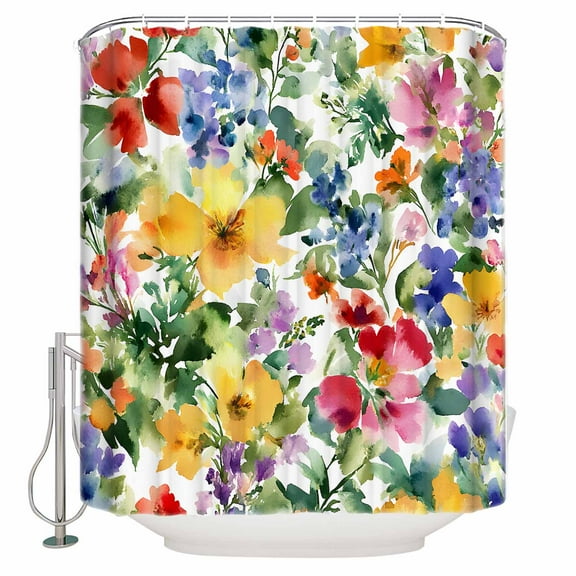 Extra Long Shower Curtain 72x96 Inch, Green Yellow Floral Shower Curtain Waterproof Bathroom Decor Purple Blue Watercolor Retro Leaf Fabric Bath Curtain Set Accessories with Hooks