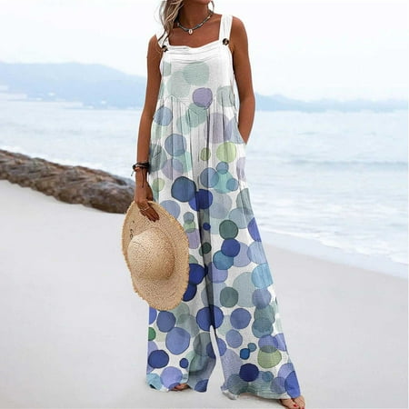 

Voncos Pants for Women- Women Print Jumpsuit Pajamas Casual Buttons Pocket Sleeveless Wide Leg Long Pants Bikinis Blue S