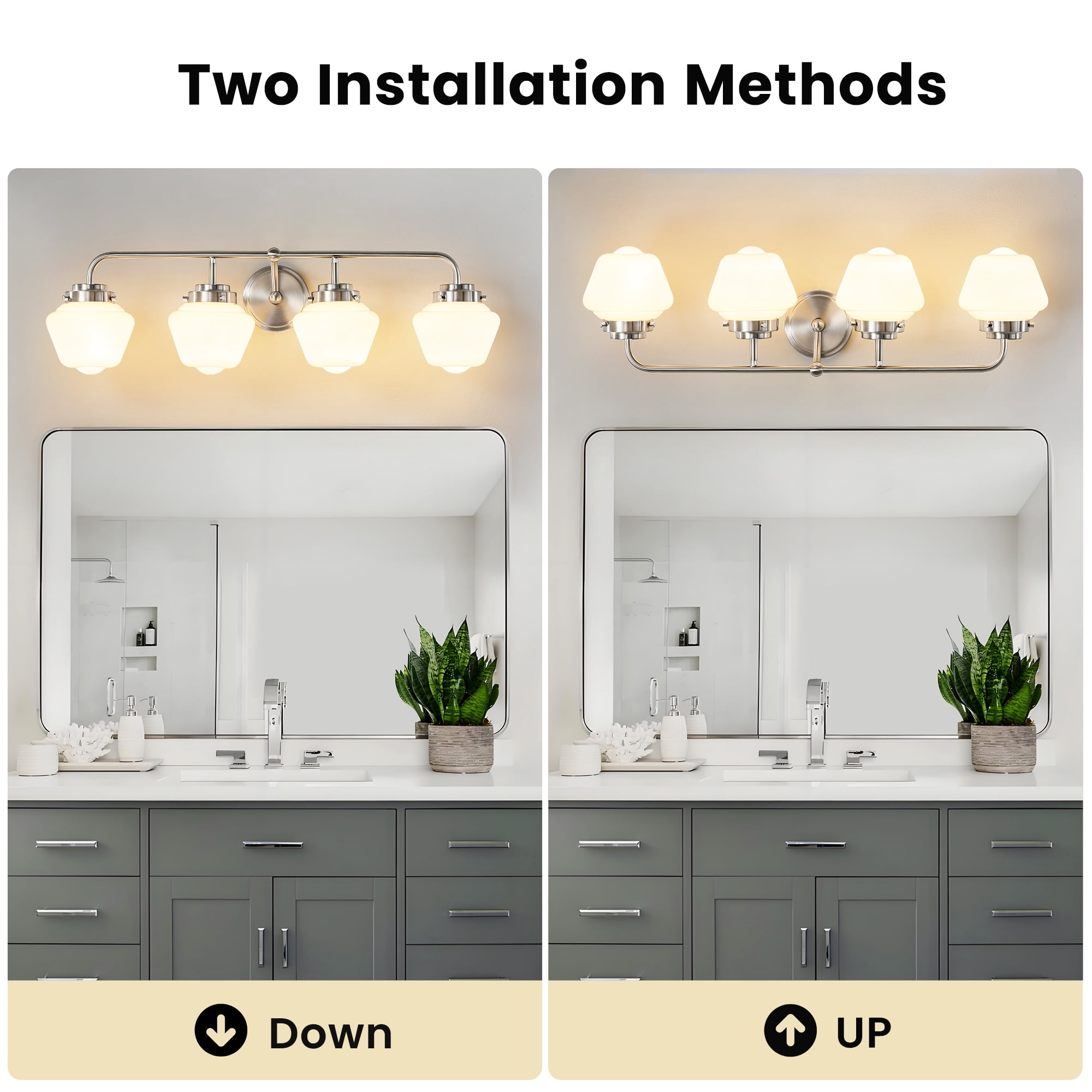 Bathroom Vanity Light Fixtures 4-Lights Brushed Nickel Vanity Lights Over Mirror, E26 40W Modern Bathroom Lighting Fixture with Milky White Glass for Bath Restroom