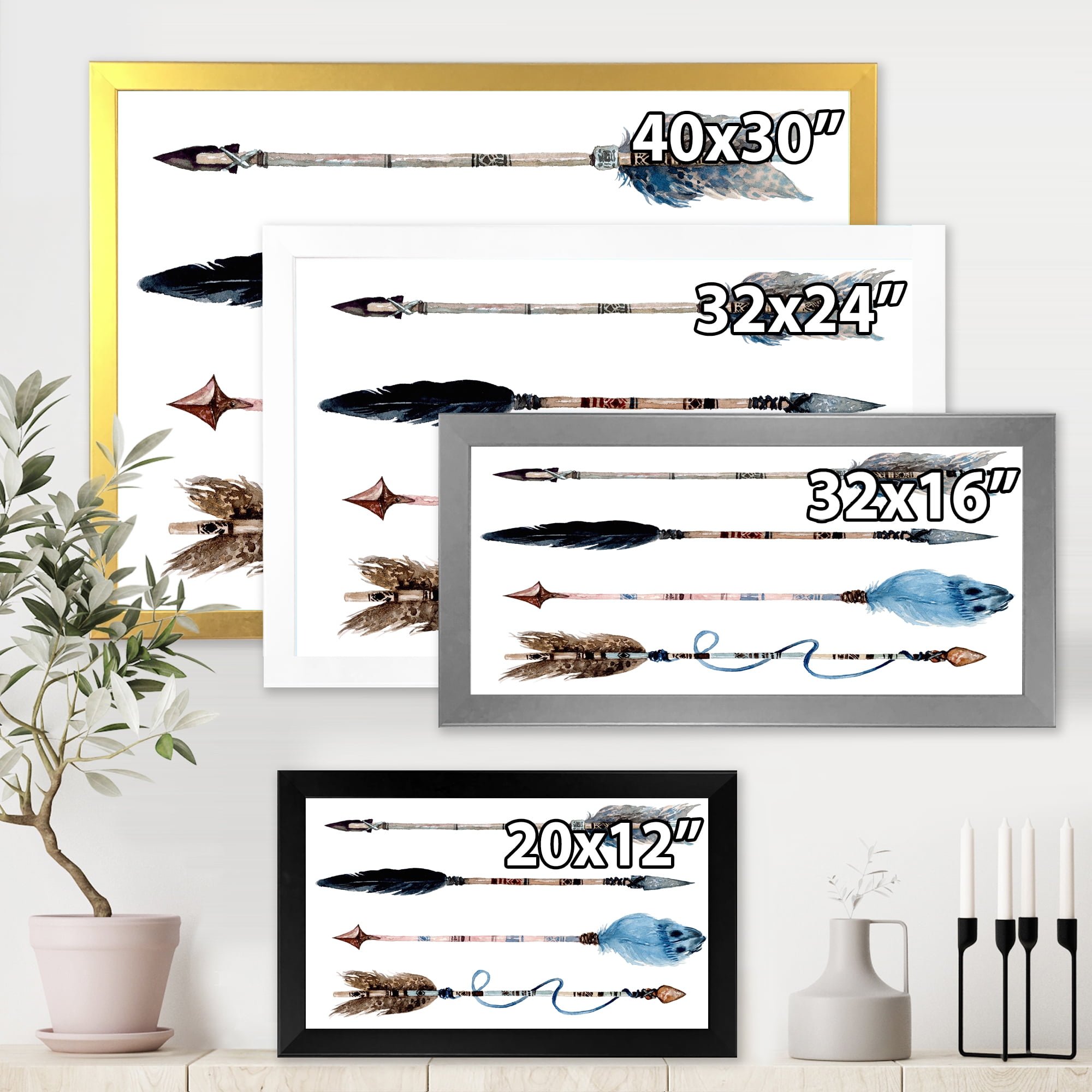 Designart 'Flowers and Ethnic Feathers On Native Arrows IV' Bohemian & Eclectic Framed Art Print