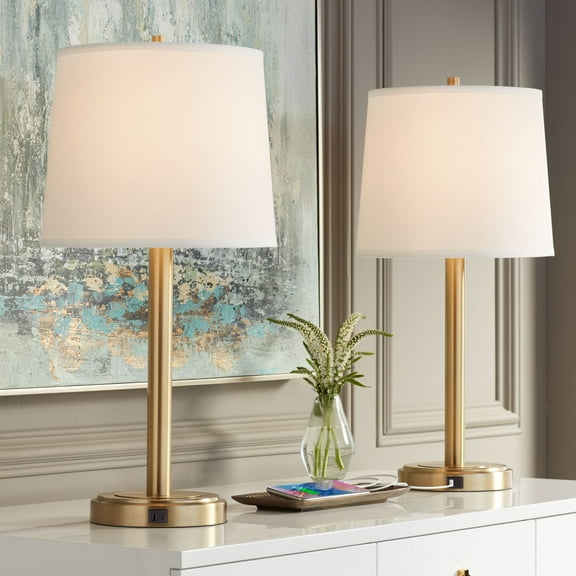 360 Lighting Camile Modern Table Lamps 25" High Set of 2 Brass Metal with USB Charging Port Oatmeal Drum Shade for Bedroom Living Room Bedside Desk