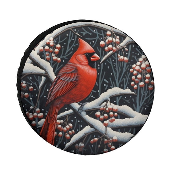 Snowcovered Red Cardinal Perched On A Branch Spare Tire CoverWinter Christmas Cardinal Bird Red Berries Camping Protectors Weatherproof Dust-Proof for Camper Truck Travel Trailer 12inch