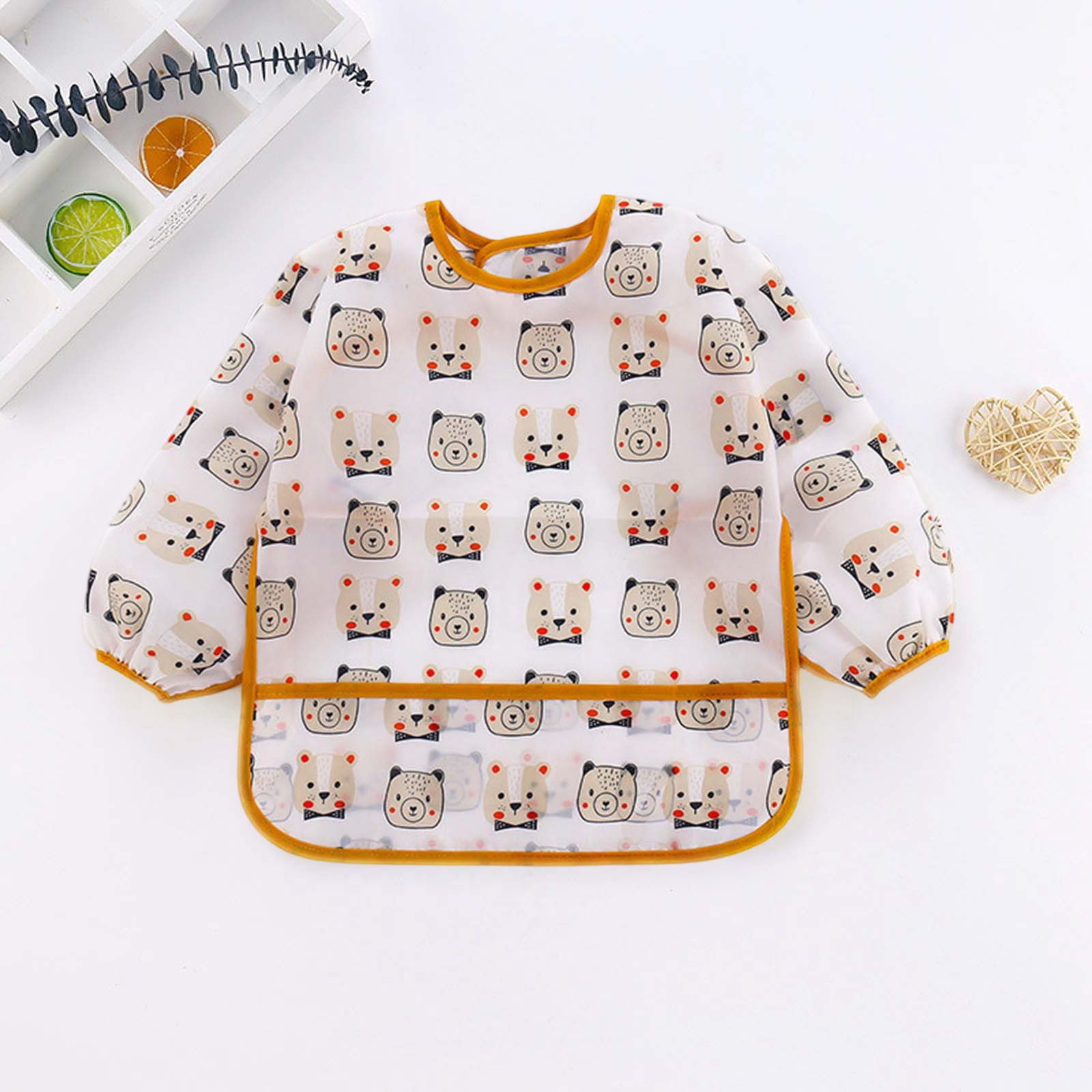 Baby Bibs Boys Gilrs Long Sleeve Cartoon Feeding Apron Waterproof Soft Bibs for Toddlers Brown