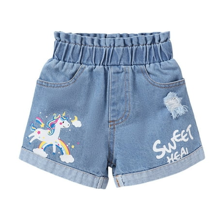 

Toddler Baby Girls Clothes Baby Girls Denim Shorts 12-18 Months Girls Unicorn Print Elastic Waistband Shorts Blue