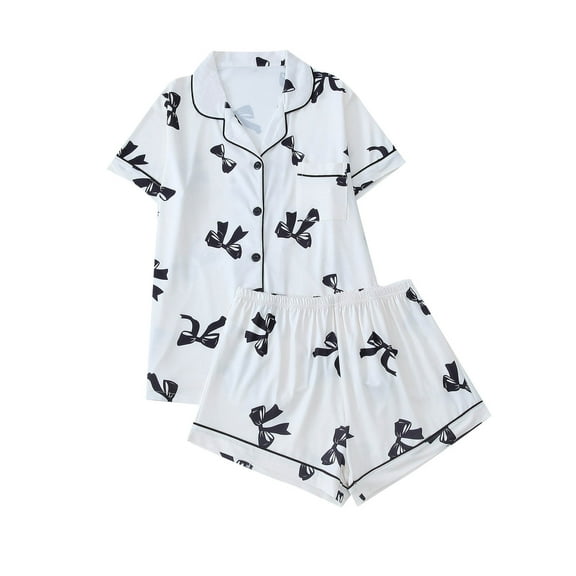 Fengactive Cute Bow Pajamas Sets for Women 2 Piece Button Up Short Sleeve Nightwear Lounge Sleepwear