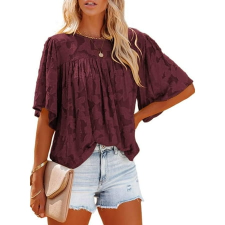Womens 3/4 Bell Sleeve Blouse Summer Crewneck Lace Tops Floral Textured Babydoll Shirts
