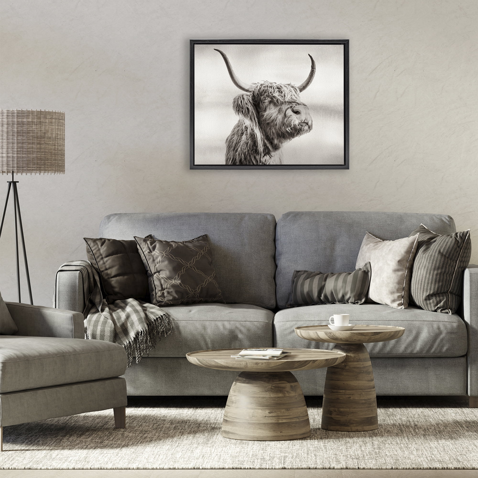 Stupell Industries Horned Highland Cow Gazing Black Framed Floater Canvas Wall Art, design by Julia Frost