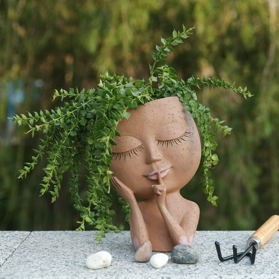 Nacams Face Planters Pots Unique Face Flower Pot for Indoor Outdoor Plants Resin Head Planter with Drainage Hole Cute Lady Face Plant Pots Closed Eyes (Dark)