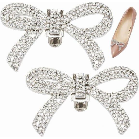 2Pcs Crystal Shoe Clips Silver Alloy Rhinestone Shoe Decoration Charms Platinum Bowknot Detachable Shoe Buckle on Flat Shoes Heel Shoes