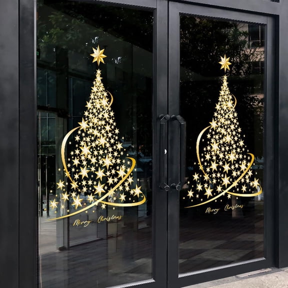 Christmas Tree Window Clings Stickers for Glass, Extra Large Golden Xmas Windows Static Stickers, DIY Wall Window Door Mural Showcase Decal Sticker (2 Pack)