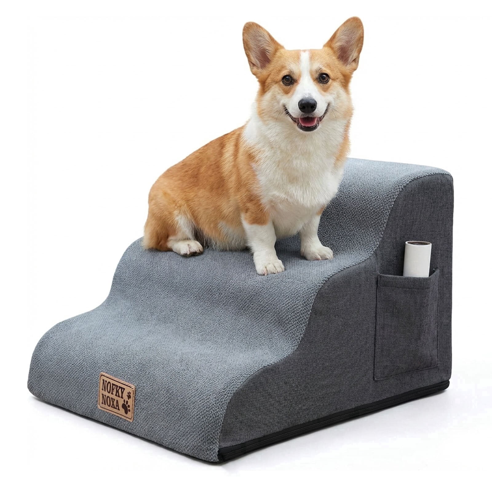 BOFNL 15.7" 3-Tier Dog Ramp and Stairs, Non-Slip Pet Steps with Washable Cover & Storage Pocket for Small Dogs and Cats