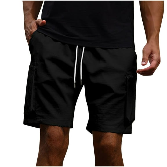 LNWUY Men's Summer Casual Elastic Cord Solid Color Sport Five Pants Pocket Loose Comfort Breathable Work Shorts with Pocket Black S