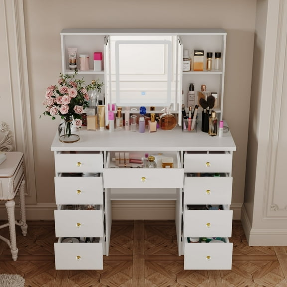OxyLife Vanity Desk with Mirror and Lights, 9 Piece, LED Light and Storage Table Set, White/Grey