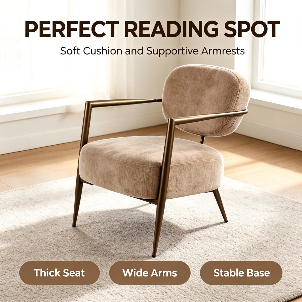 Accent Chair, Mid Century Modern Upholstered Lounge Chair with Metal Frame, Textured Fabric, Padded Seat & Back for Living Room, Bedroom & Office, Camel