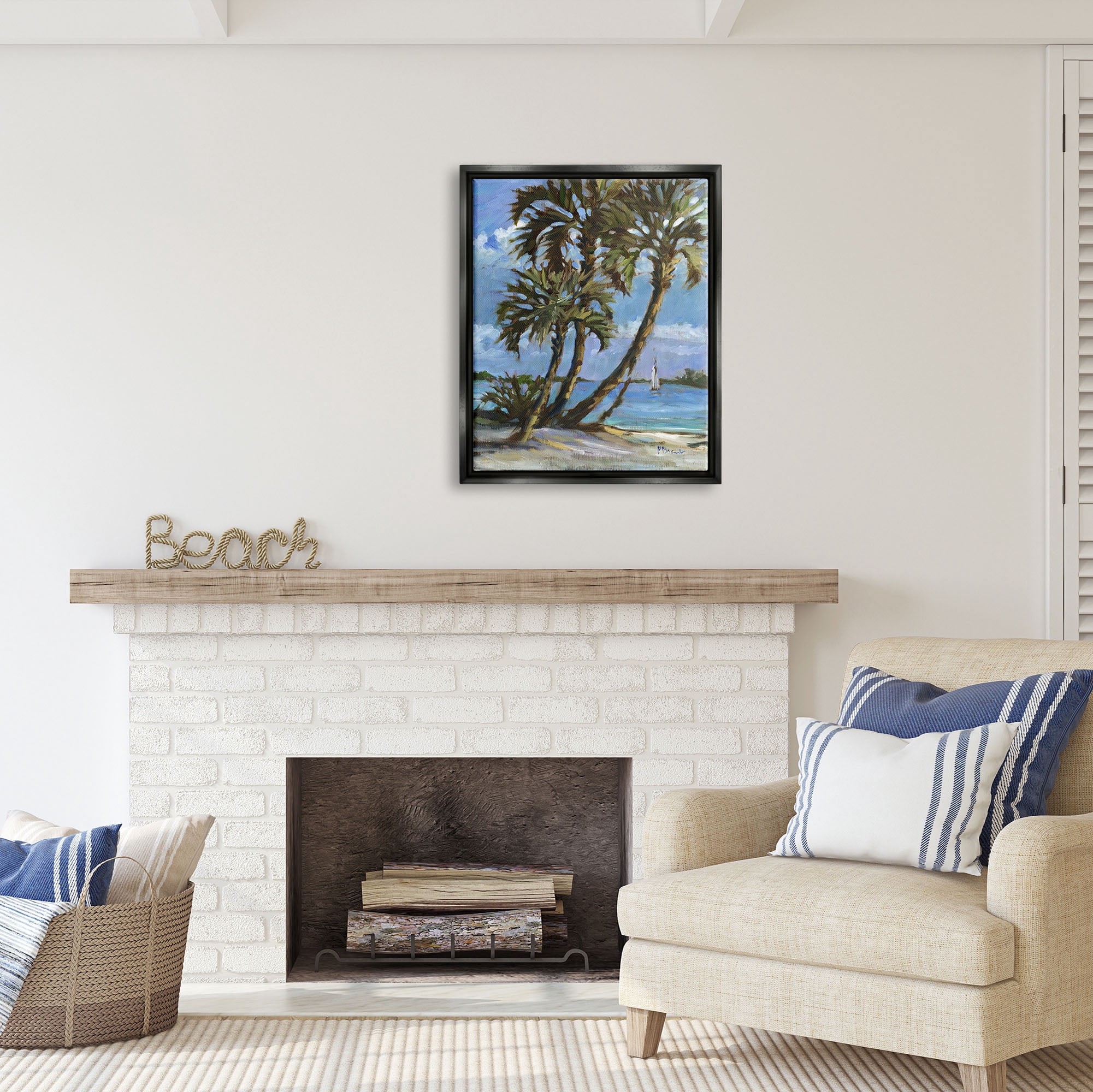 Stupell Industries Sailboat Tropical Shore Transportation Painting Black Floater Framed Art Print Wall Art, 25 x 31
