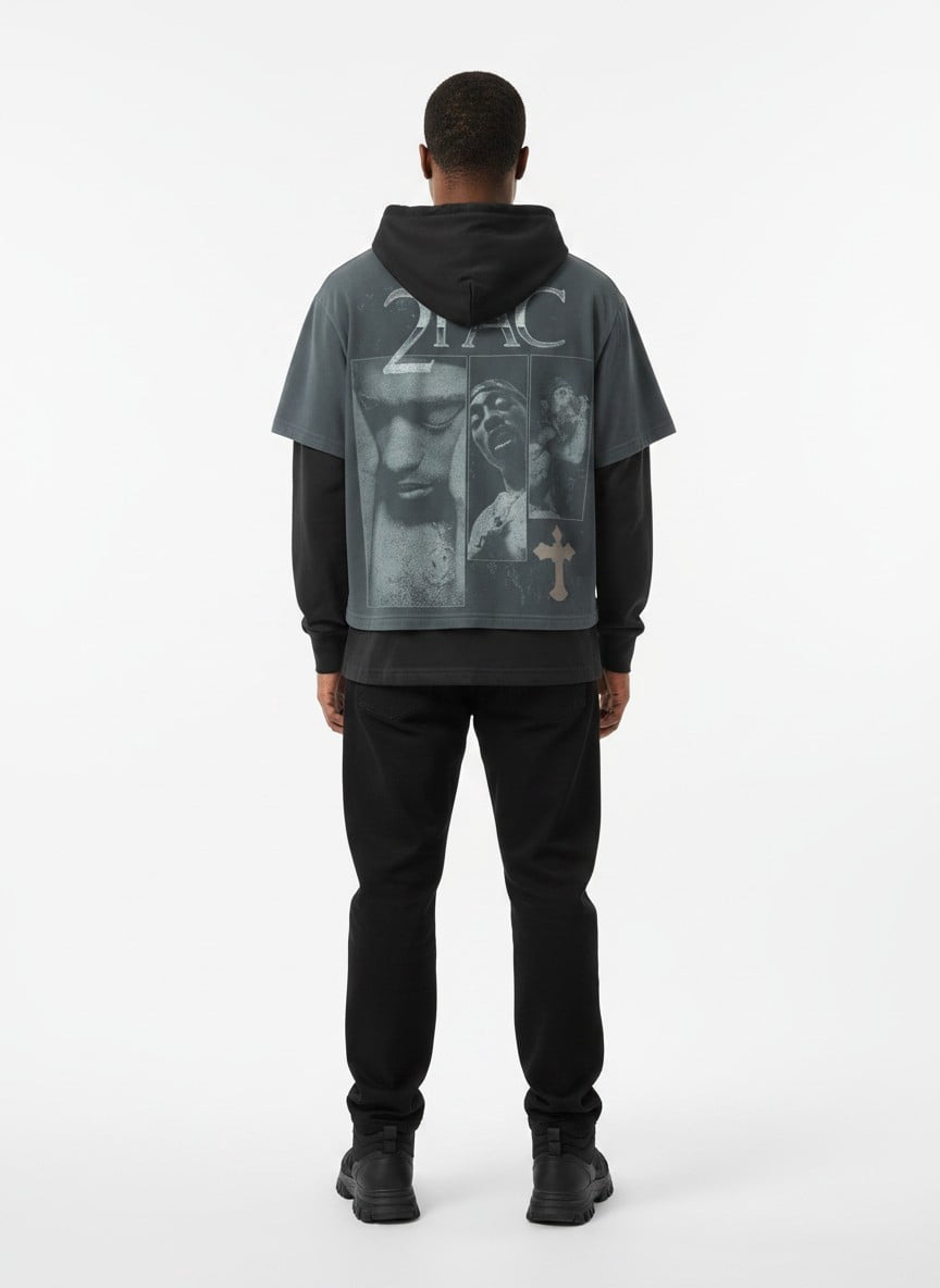 Tupac Men's Layered Look Graphic Tee with Long Sleeve Hoodie, Sizes XS-3XL