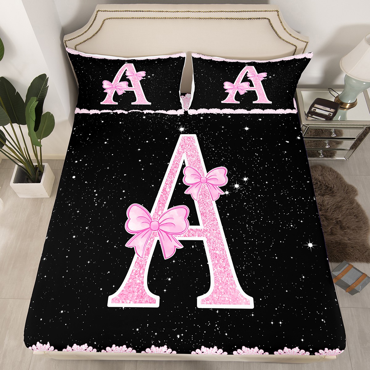 Manfei Letter Z Monogrammed Full Sheet Set (4-Piece) Pink Bow