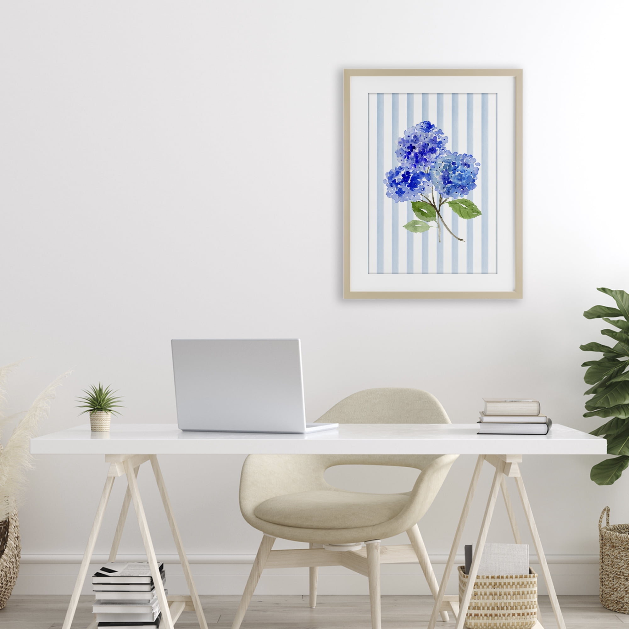 Stupell Industries Blue Hydrangeas over Stripes Birch Framed Print Under Glass, design by Corinne Haig