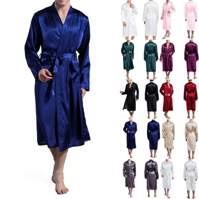 VOAVEKE Mens Robe,Pajamas for Men,Plus Size Satin Robe Silk-like Bathrobe Lightweight Soft Loungewear Nightwear Silver XL