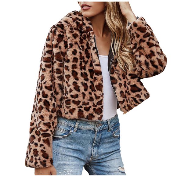 WRKEKC Winter Coats for Women Winter Long Sleeve Leopard Print Hooded Collar Faux Fur Coat Warm Outerwear for Cold Days and Stylish Looks
