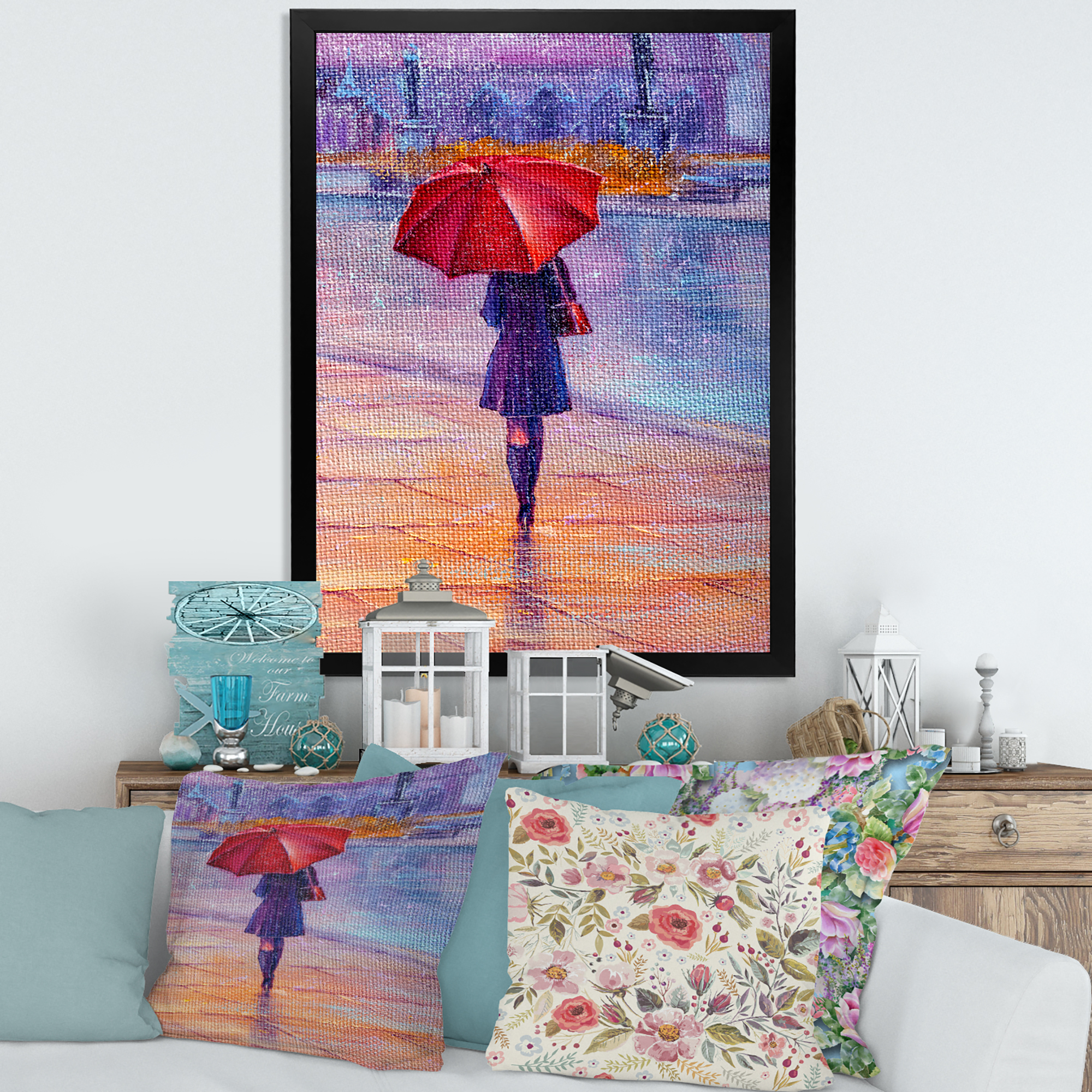 Designart 'Girl Walking With Red Umbrella Under The Rain' French Country Framed Art Print
