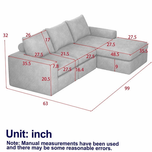 JERFIT Modern L-Shaped Sectional Sofa with Chaise, Reversible Cushions, Corduroy Fabric, No Assembly Required for Living Room