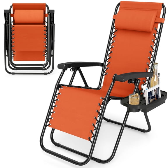 Costway 1 PCS Zero Gravity Chair, Portable Patio Recliner with Adjustable Backrest & Pillow Orange