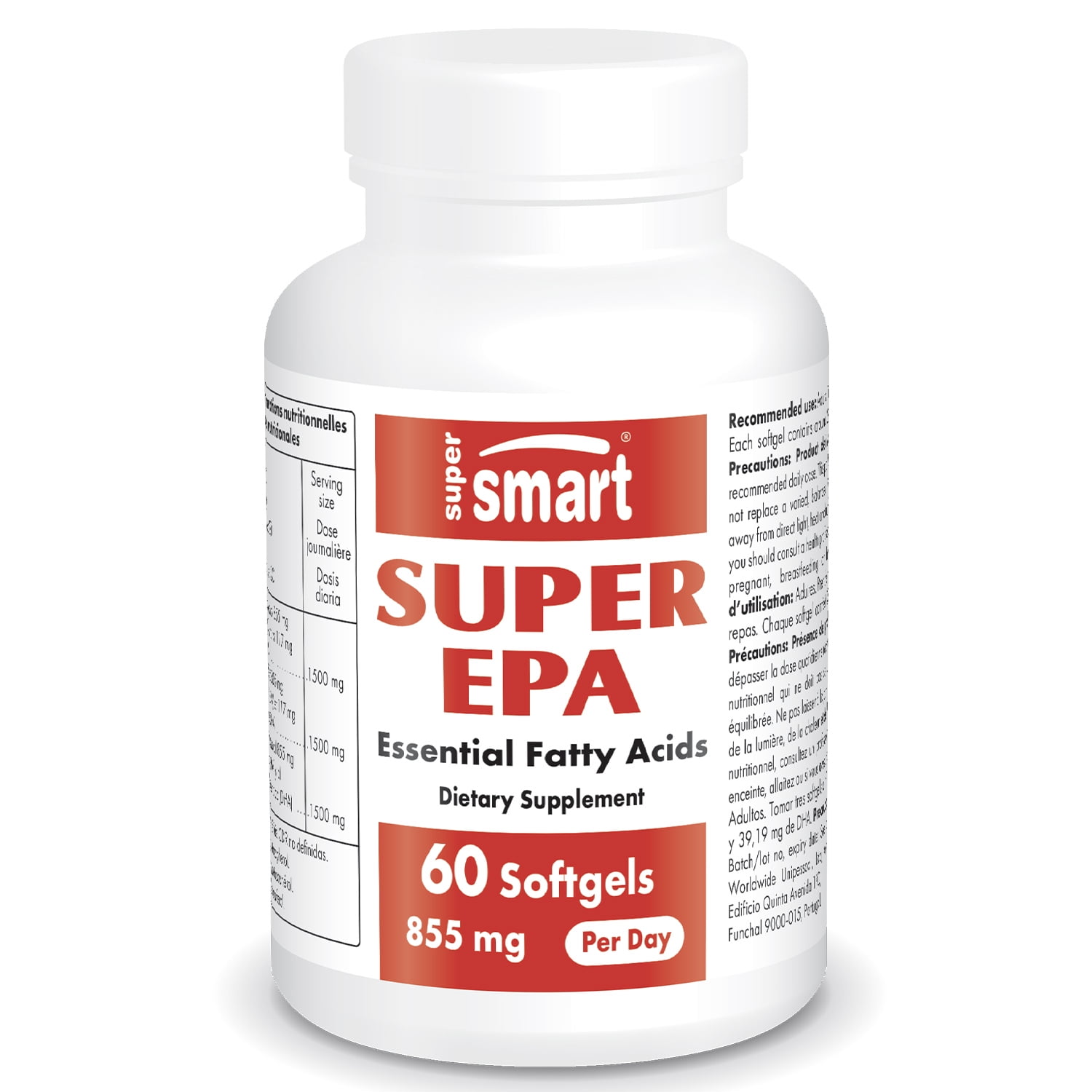 Supersmart - Super EPA 855 mg per Day - Omega 3 (EPA & DHA) - Fish Oil Supplement - Cardiovascular Support - Brain Health | Non-GMO & Gluten Free - 60 Softgels