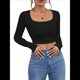 thumbnail image 1 of Tops Cortos de Larga para Mujer, con Cuello Cuadrado Acanalado, Ajustados, Informales, A para Dama Negro L, 1 of 7