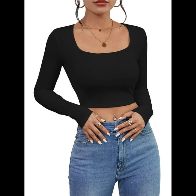 Tops Cortos de Larga para Mujer, con Cuello Cuadrado Acanalado, Ajustados, Informales, A para Dama Negro M
