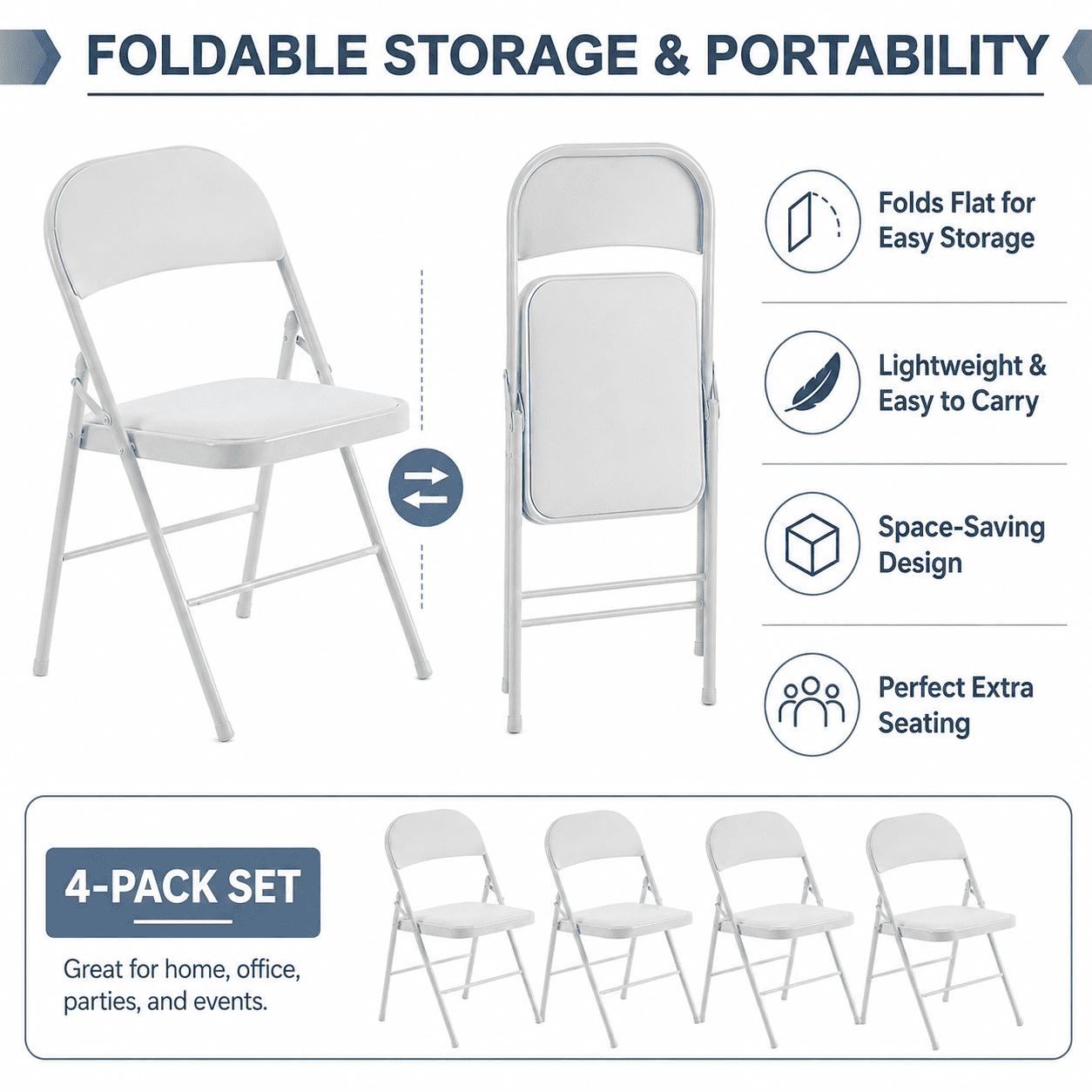 Alvantor 4-Pack White Folding Chairs,Padded PVC Seat and Back,Steel Frame,Portable Seating for Home Office Party Event,330 lbs Capacity