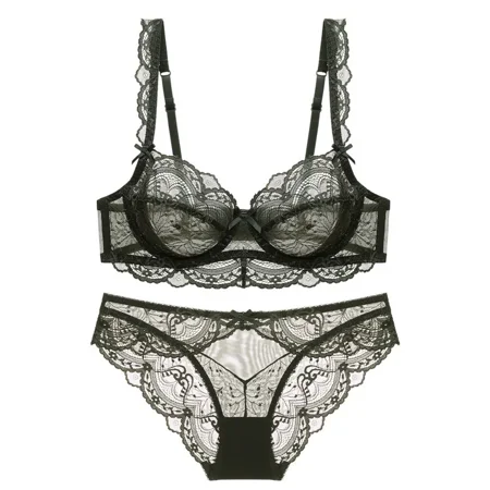 XiaoBanDeng Sexy lingerie for women  ultra-thin hollow  sponge free  transparent lace lingerie  large chest and small size bra set