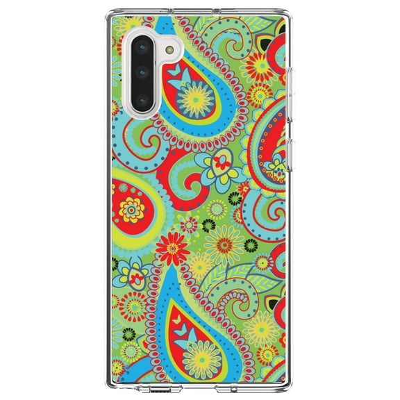 DistinctInk Clear Shockproof Hybrid Case for Samsung Galaxy Note 10 (6.3" Screen) - TPU Bumper, Acrylic Back, Tempered Glass Screen Protector - Green Red Blue Paisley