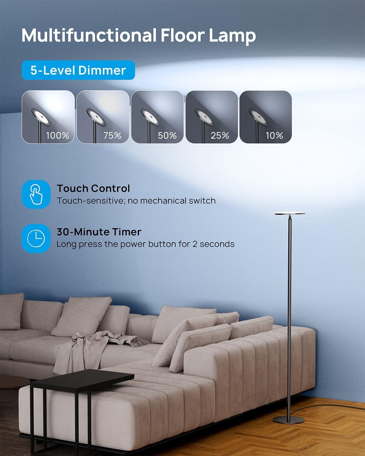 TROND LED Torchiere Floor Lamp, Dimmable 30W, 5500K Natural Daylight Max.5000lm, 71-inch Tall Standing Light, 30-Minute Timer, Black
