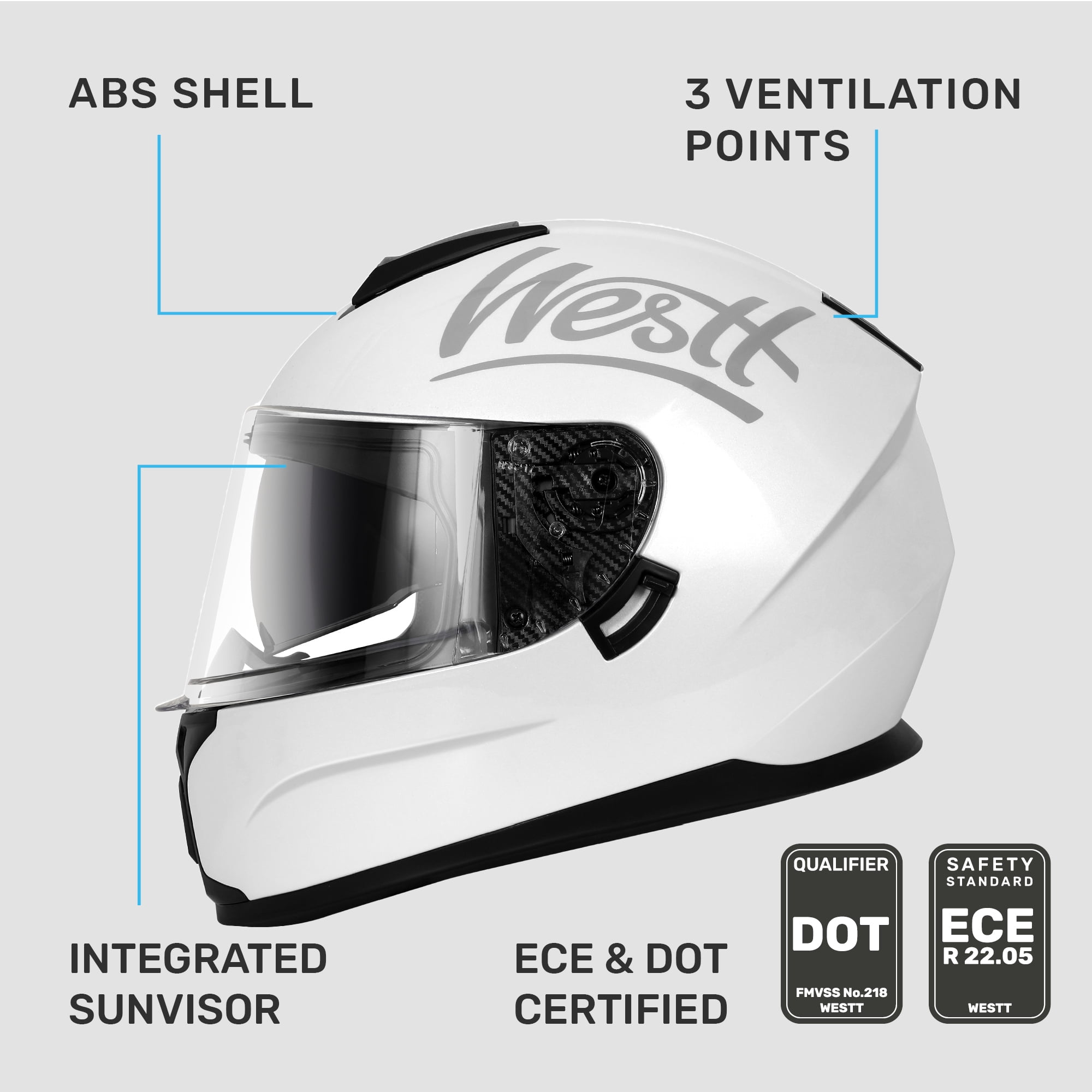 Westt Full Face Helmet - Motorcyle Helmet with Dual Visor DOT Approved - White XL