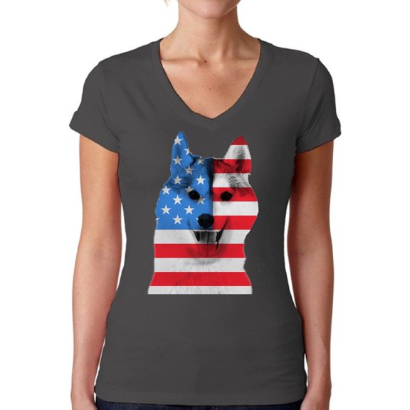 Awkward Styles Women's USA Flag American Husky Dog Lover`s V-neck T-shirt Independence Day