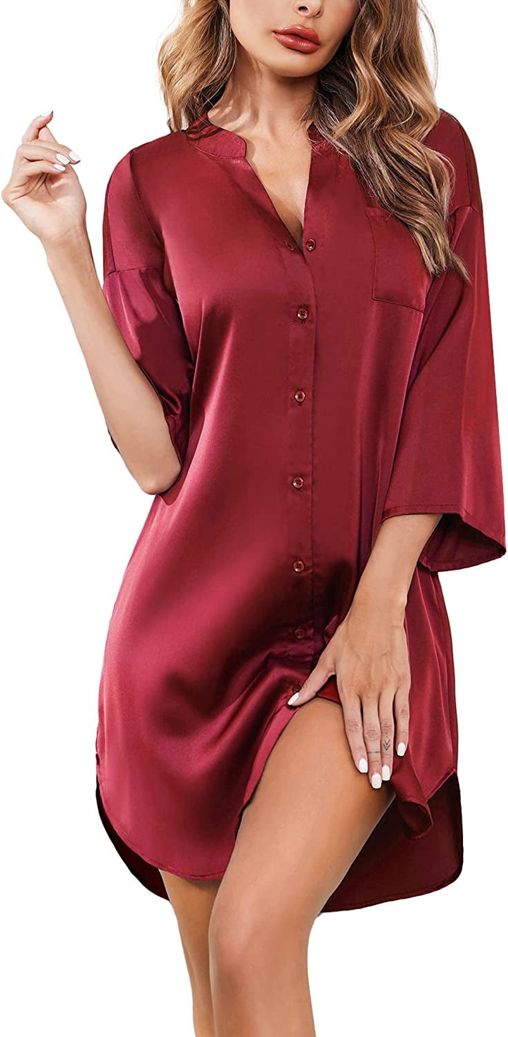 Satin Nightgowns for Women Silk Sleepwear Button Down Sleepshirt 3/4