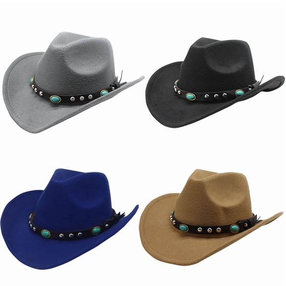 Men Womens Ethnic Style Western Cowboy Hat with Roll Up Brim Felt Cowgirl Sombrero Caps Fashion Evening Party Performance Jazz Hat