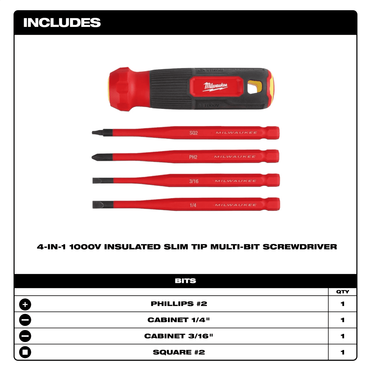 Milwaukee Tool 4-in-1 1000V Insulated Slim Tip Multi-Bit Screwdriver